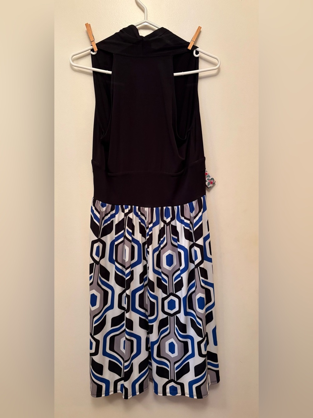 Sleeveless Black Midi Dress with Blue Geometric Skirt